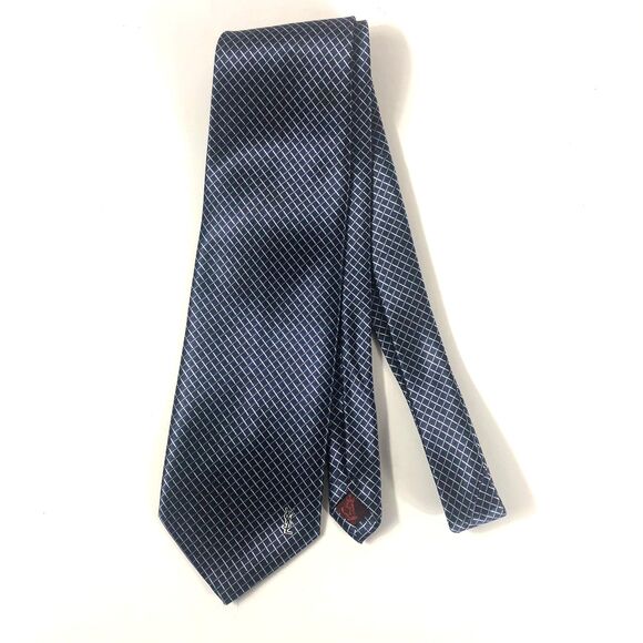 Yves Saint Laurent YSL Paris Tie 100% Silk Handmade Blue Geometric Grid Pattern - Picture 2 of 9